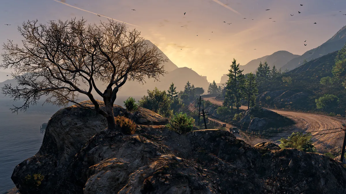 Rocky countryside coastline at sunset in Grand Theft Auto V