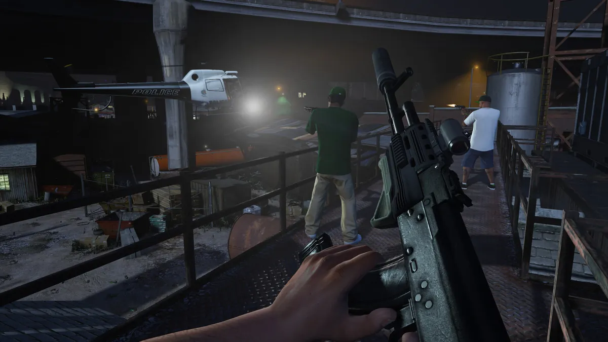 First-person shootout with an assault rifle in Grand Theft Auto V