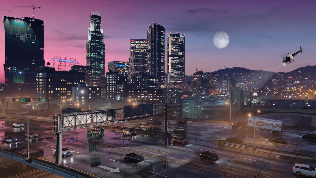 Los Santos city skyline and freeway at dusk in GTA V