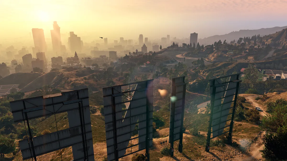 Downtown Los Santos seen from behind the Vinewood sign on the GTA 5 map
