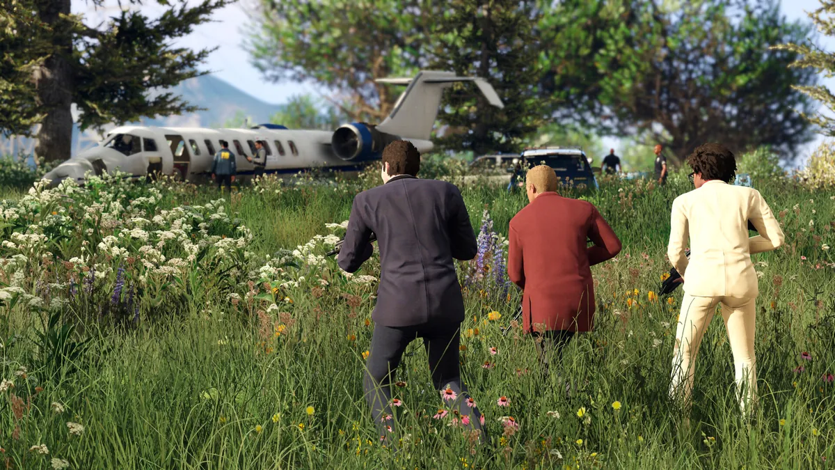 Three GTA V protagonists creeping toward a crashed private jet